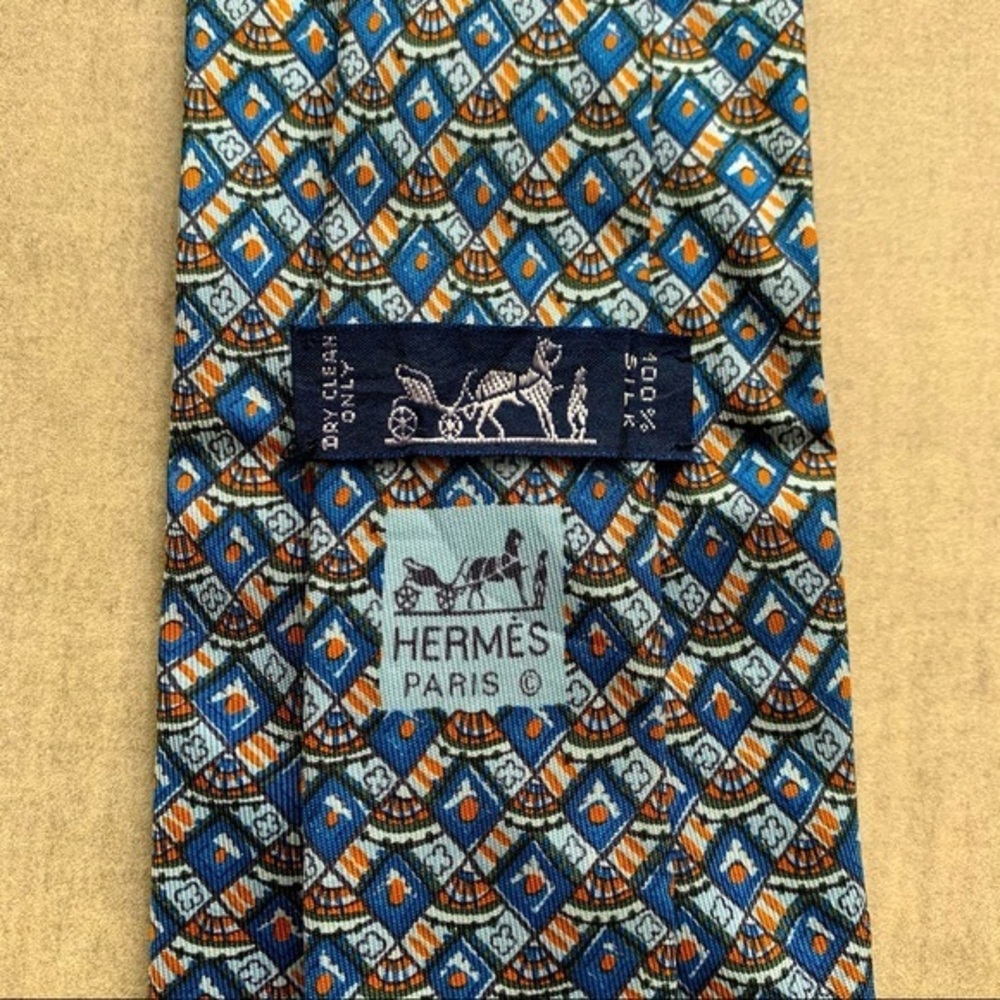 Hermes Orange & Blue Geometric Silk Tie
